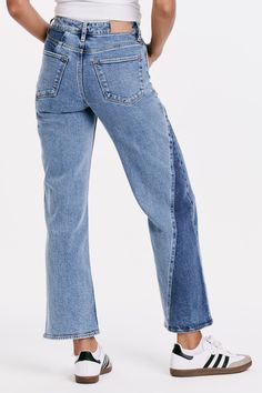 Super high rise wide hem straight leg jeans. It's the jolly fit that sits slightly lower on the waist and fitted easy & straight from the hip to mid thigh. Ankle inseam on comfort stretch denim accented with contrasting side panels, wide leg opening, tailored center inseam press.11 1/2" Front Rise (include waistband), 19 1/2" Leg Opening, 29" inseam (Size 27) COMFORT STRETCH: Slightly snug, give sometime to ease in, may go up one size 98% COTTON 2% SPANDEX Machine wash cold, Tumble dry low Impor Dear John, Midi Maxi Dress, Side Panels, We Wear, Swimwear Tops, Denim Pants, Long Tops, Straight Jeans, Short Tops