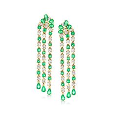 Ross-Simons - 4.40ct t. w. Emerald, 2.52ct t. w. Diamond Drop Earrings in 18kt Yellow Gold. Dazzled with 4.40 ct. t. w. round and pear-shaped emeralds and the bright sparkle of 2.52 ct. t. w. baguette and round brilliant-cut diamonds, these showstopping drop earrings feature lush, linear trios of fringe that cascade to a dramatic 2 1/8" hanging length. Such a magnificent heirloom-quality pair! Finely crafted in polished 18kt yellow gold. Clip/post, diamond and emerald drop earrings. Emerald birt Emerald Drop Earrings, Emerald Earrings Drop, Emerald Birthstone, Earrings Emerald, May Birthday, Fine Jewelery, Diamond Drop Earrings, Round Brilliant Cut Diamond, Pear Shaped