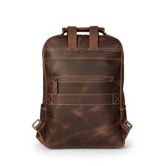 a brown leather backpack with two zippers