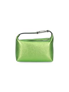 Eéra "Moon" handbag in green laminated leather, top handle, silver logo hook detail, zip closure, main inner compartment. Composition: 100% Leather Green Shoulder Bag With Palladium Hardware For Shopping, Green Shoulder Bag With Double Handle And Palladium Hardware, Green Shoulder Bag With Palladium Hardware, Green Shoulder Bag With Palladium Hardware And Double Handle, Green Bags With Silver-tone Hardware And Double Handle, Modern Green Shoulder Bag With Silver-tone Hardware, Green Top Handle Bag With Palladium Hardware, Green Evening Shoulder Bag With Silver-tone Hardware, Evening Green Shoulder Bag With Silver-tone Hardware