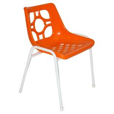 an orange and white plastic chair with holes in the back side, on a white background