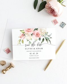 wedding save the date card with pink flowers and greenery on it, surrounded by stamps