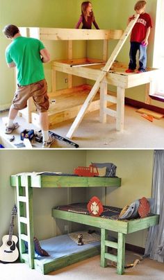 two boys are building bunk beds in the same room, and one boy is playing on his skateboard