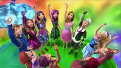 the disney princesses are dancing together in front of a colorful background