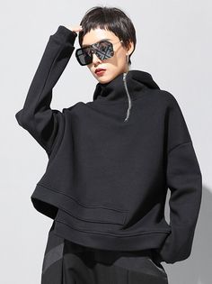 Uoozee Black Funnel Neck Sweatshirt For Winter, Black Zipper Closure Sweatshirt For Fall, Black Zipper Sweatshirt For Fall, Casual Winter Sweatshirt With Asymmetrical Zip, Black Funnel Neck Sweatshirt For Fall, Trendy Black Half-zip Top, Black Funnel Neck Top For Streetwear, Edgy Hooded Fall Sweatshirt, Winter Funnel Neck Top With Zipper Closure