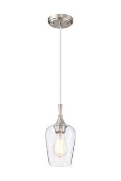 Shiny brushed nickel finish and clear glass shade. Perfect choice over the kitchen island or dining area. Takes one E26 bulb up to 100-Watt, not included. Edvivi Arlo Brushed Nickel Modern/Contemporary Clear Glass Bell Led; Mini Hanging Pendant Light | EPJ2941BN Pendant Lights Brushed Nickle, Lights Over Kitchen Island, Bathroom Pendant Lighting, Bathroom Pendant, Hanging Pendant Light, Vintage Bulb, Bell Pendant, Hanging Pendant, Hanging Pendant Lights