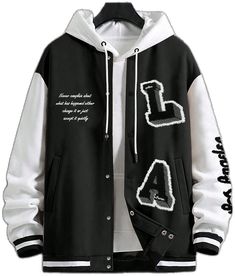 Hooded Winter Varsity Jacket With Patchwork, Hooded Varsity Jacket With Patchwork For Winter, Winter Varsity Jacket With Letter Print, Casual Hooded Varsity Jacket With Button Closure, Black Varsity Jacket For College With Button Closure, Black Varsity Jacket With Button Closure For College, Black Long Sleeve Varsity Jacket With Patchwork, Hooded Outerwear With Button Closure For College, Urban Black Hooded Jacket With Letter Print