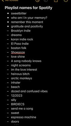 an image of a black screen with the words playlist names for spotify