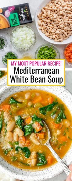 a white bowl filled with soup next to bowls of beans and carrots on a table