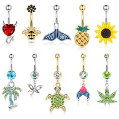 PRICES MAY VARY. 💗【Belly Button Ring】-- 10 pcs different styles of belly button rings in a set, including bee belly ring, heart button rings, sunflower navel rings, butterfly navel piercing jewelry, weed belly button ring, etc. Various design and rich color provide you with more choices for wearing. 💎 【Safety Material】-- The dangle belly button rings are made of 316L surgical stainless steel with sparkly cubic zirconia inlaid, hypoallergenic, free of lead and nickel. Curved and highly polished Sunflower Belly Button Ring, Bee Belly Button Ring, Turquoise Belly Button Piercing, Belly Button Jewelry Butterfly, Rings Butterfly, Sunflower Turtle, Belly Button Rings Tummytoys® At The Belly Ring Shop, Butterfly Colorful, Navel Piercing Jewelry