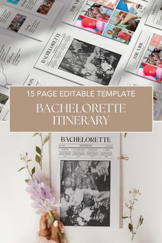 a bunch of pictures on a wall with the text 15 page editable template bachelorette it