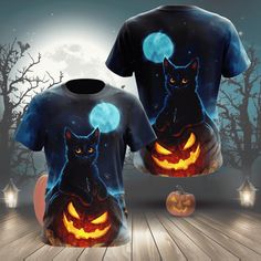 Halloween Gift Halloween Black Cat And Pumpkin Shirts These shirts are custom-made-to-order and handcrafted to the highest quality standards. Each shirt is constructed from a premium polyester blend that is ultra-soft and incredibly comfortable. Features a specialty high definition heat-dye application that ensures long lasting color vibrancy even after machine washing. Fabric is durable and resistant to wrinkles, shrinking and mildew. Each shirt is custom printed, cut and sewn just for you when Spooky Black T-shirt With Cat Print, Halloween Black Crew Neck Sublimation Design, Black Crew Neck Sublimation Design For Halloween, Spooky Black T-shirt With Cat Design, Halloween Black T-shirt With Cat Design, Black Halloween T-shirt With Cat Design, Black Cat And Pumpkin, Cat And Pumpkin, Halloween Black Cat