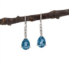 Teardrop London Blue Topaz in 14K Solid Gold w Natural Diamond Accents | Pear Shape 10x7mm | Secure Latch Back | Dangle Earrings | Blue Gems Natural Earth, London Blue Topaz, London Blue, Something Blue, White Rose Gold, Tear Drop, White Rose, Blue Topaz, Yellow White