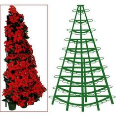 a tall christmas tree with red and green flowers on it's sides, next to a smaller one