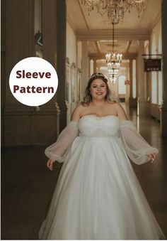 a woman in a white wedding dress with her arms out and the words sleeve pattern above her head