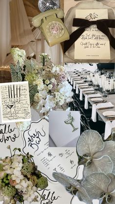 the table is set with flowers and cards for guests to write their names on them