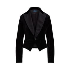 Rendered in luxe velvet with silk lapels this single-button blazer is tailored for a slim cropped silhouette. Luxury Ralph Lauren Outerwear, Ralph Lauren Tailored Luxury Blazer, Ralph Lauren Luxury Long Sleeve Blazer, Luxury Ralph Lauren Blazer For Workwear, Luxury Ralph Lauren Blazer For Work, Elegant Velvet Blazer For Evening, Elegant Velvet Evening Blazer, Evening Velvet Tailored Blazer, Elegant Velvet Evening Outerwear