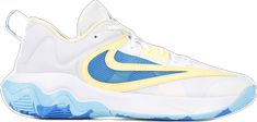 the nike zoom basketball shoe is white and blue with yellow accents on the upper part