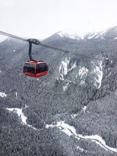 a red cable car going up the side of a mountain covered in snow and trees