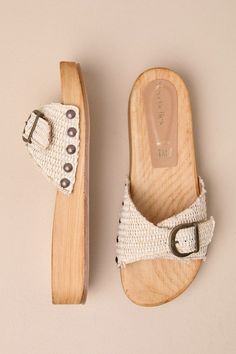 From sundresses to maxi skirts, the Seychelles Sorbet Natural Raffia Flatform Slide Sandals are perfect for all things sunny and stylish this season! These chic and simple sandals feature a wide, adjustable woven raffia toe strap (adorned with studded details along the sides) that secures with a gunmetal-colored buckle, atop an almond-shaped toe bed. A wood-look, flatform sole completes the Boho-inspired design! 1. 25" wood-look flatform sole. Smooth insole with padded heel. Rubber sole has nons Bohemian Sandals With Buckle Closure For Summer, Bohemian Sandals With Buckle Closure For Spring, Spring Bohemian Sandals With Buckle Closure, Beige Beach Sandals With Buckle Closure, Beach Season Sandals With Buckle Closure For Vacation, Beige Buckle Closure Sandals For The Beach, Summer Sandals With Buckle Closure For Beach Season, Buckle Closure Sandals For Beach Season, Lightweight Sandals For Beach In Spring