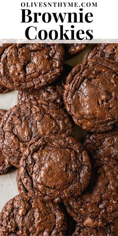 chocolate brownie cookies stacked on top of each other with the title overlaying