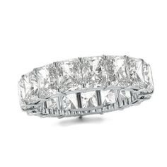 A stunning celebration of your commitment, this fancy-shape diamond eternity band is a confident choice for your bride or bride-to-be. Expertly crafted in sleek platinum, this sensational style showcases sparkling 3/8 ct. radiant-cut diamonds - each boasting a color rank of G and clarity of VS2 - that surround the endless band. This breathtaking design is beguiling on its own or paired with her diamond solitaire. Dazzling with 7 cts. t.w. of diamonds and a brilliant buffed luster, this eternity Radiant Cut Diamond Eternity Band Fine Jewelry, Radiant Cut Diamond Eternity Band For Anniversary, White Gold Diamond Eternity Band With Radiant Cut, Radiant Cut Diamond Eternity Band In White Gold, Elegant Radiant Cut Diamond Eternity Band, Luxury Platinum Eternity Band With Vs Clarity, Radiant Cut Brilliant Diamond Eternity Band For Anniversary, Elegant Radiant Cut Cubic Zirconia Eternity Band, Classic White Gold Eternity Band With Radiant Cut