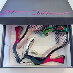 Brand New In Box, Never Worn, Gingham Toe With Beaded Watermelon And Leaf Detail, Red Heel, Pearl Ankle Strap Detail Beaded Watermelon, Betsey Johnson Shoes, Red Heels, Betsey Johnson, Me Too Shoes, Gingham, Black Red, Ankle Strap, Watermelon