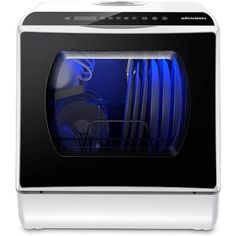 an oven with the door open and blue light on it's front side,