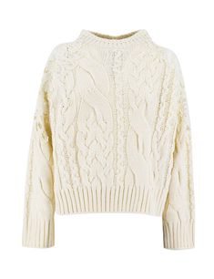 Crew neck sweater made of wool, characterised by a woven design and embellished with fine lace inserts with a floral pattern on the shoulders, ribbed edges, regular fit. Composition: 50% WV, 50% PC | Ermanno Scervino Women's Sweater in Marshmallow | FW23/24 Cable Knitting, Ermanno Scervino, Round Neck Sweaters, Woven Design, Lace Insert, Sweater Making, White Sweaters, Luxury Retail, Knit Patterns