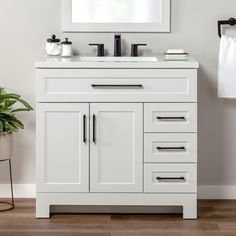 a bathroom vanity with two sinks and a mirror on the wall above it, in front of a potted plant