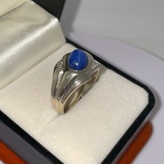 Men’s Solid 14kt White Gold Star Blue Cabochon Sapphire & Natural Diamond Ring Substantial Statement Ring. Approximate Weight: 6.09 Grams Approximate Ring Size: 9.25 (9 1/4) Solid, Stamped 14k White Gold Condition Is Vintage, As Is, Pre-Owned. Use And Wear Commensurate With Age. Sapphire Has Damage. Please View All Pictures For Details. Price Is Firm Please, No Trades. Formal Blue Signet Ring, Formal Blue Hallmarked Signet Ring, Elegant Blue Oval Cabochon Signet Ring, Blue Cabochon Sapphire Ring In 14k Gold, Blue Cabochon Signet Ring For Anniversary, Classic Blue Oval Cabochon Signet Ring, Blue Oval Cabochon Signet Ring With Polished Finish, Modern Blue Sapphire Ring Hallmarked, Blue Signet Ring With Birthstone For Anniversary