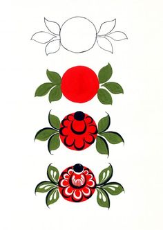 an image of three flowers on a white background with green leaves and red circles in the middle