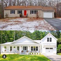 before and after photos of a white house with red door in the front yard, from top to bottom