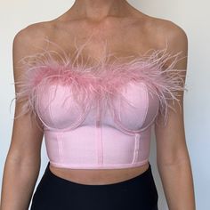 Never Worn Pink Feather Crop Feather Pink Top, Cheap Pink Ruffled Crop Top, Pink Feminine Crop Top With Ruffles, Pink Cropped Top With Built-in Bra, Flirty Pink Ruffled Crop Top, Feather Crop Top, Top Corset, Pink Feathers, Wear Pink