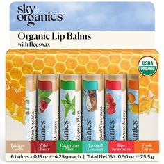 PRICES MAY VARY. Organic Beeswax Lip Balms: Bursting with natural flavors, these organic lip balms are made with nourishing plant oils and beeswax to lock in moisture and keep lips feeling soft and smooth Infused With Natural Flavors: Sky Organics Organic Beeswax Lip Balms keep lips feeling deliciously soft and smelling deliciously sweet. Includes Tahitian vanilla, wild cherry, eucalyptus mint, tropical coconut, ripe strawberry and fresh citrus flavors INGREDIENTS WITH PURPOSE: Organic Botanical Beeswax Lip Balm, Wild Cherry, Lip Balm Set, Organic Lip Balm, Eucalyptus Mint, Botanical Oils, Moisturizing Lip Balm, Oil Plant, Lip Balms