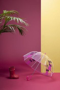 a pink and yellow umbrella sitting next to a potted plant on a pink floor