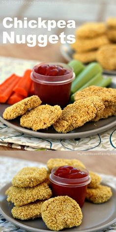 chicken nuggets with ketchup and carrots on the side are ready to be eaten