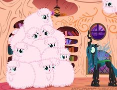 an animated image of some furry animals in front of a pink room with many windows