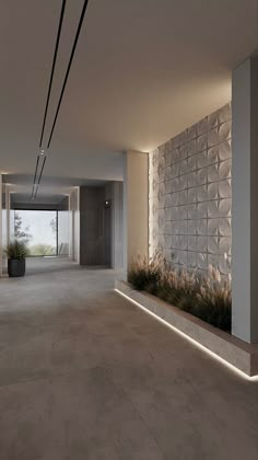 an empty room with plants and lights on the wall