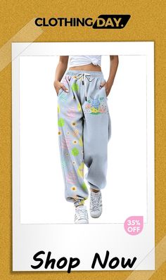 Lovely Cartoon Bunny Printed Easter Trendy Women's Pants Summer Full-length Sweatpants With Pockets, Baggy Full-length Sweatpants For Spring, Gray Ankle-length Sweatpants For Spring, Baggy Ankle-length Sweatpants For Spring, Spring Stretch Straight Joggers, Stretch Straight Joggers For Spring, Baggy Trousers For Spring, Spring Casual Wide Leg Joggers, High Waist Gray Sweatpants For Spring