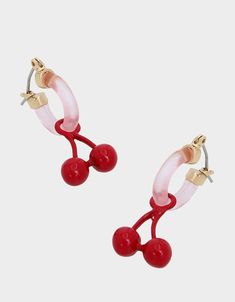 Playful pink huggie hoop earrings featuring dangling cherry cluster charm perfect for everyday. Earrings have a click-top closure. Made from metal, plastic and glass. Metal/Plastic/Glass Click-top 1.25" L 0.1"-0.5" W Imported Brand Earrings, Cherry Earrings, Satchel Backpack, Happy Hippie, Earrings Red, Plastic Glass, Huggie Earrings, Blue Jewelry, Huggie Hoop Earrings