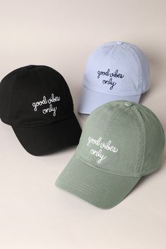 Get ready to spread good vibes everywhere you go with our Good Vibes Only Baseball Cap! This 100% cotton cap features embroidered letters that spell out "Good Vibes Only" and an adjustable closure for the perfect fit. Trust us, this cap will be your new go-to for spreading positivity and looking cool. One size fits most. Embroidered Letters, Spreading Positivity, New Tops, Good Vibes Only, Good Vibes, Baseball Cap, Blue Black, Active Wear, Perfect Fit