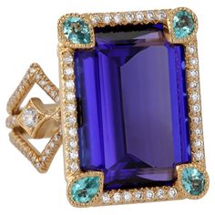 Step into a world of unparalleled elegance with the 18K Yellow Gold Coco Ring, a masterpiece from the renowned designer Erica Courtney. At the heart of this exquisite ring lies a breathtaking 24.21 carat Tanzanite, its deep, vibrant blue hues capturing the essence of luxury and sophistication. Surrounding the Tanzanite are four Paraiba Tourmalines (0.56 carats total), renowned for their rare and mesmerizing neon-blue glow. Adding to the ring’s opulence, 1.86 carats of meticulously set diamonds (442 stones) create a scintillating halo, enhancing the natural beauty of the central gemstone. The combination of these extraordinary gemstones with the rich 18K yellow gold setting makes the Coco Ring a statement piece that exudes elegance and glamour, perfect for those who appreciate the finer thi Paraiba Tourmaline Ring, Pink Gold Rings, Argyle Pink Diamonds, Hexagon Necklace, Blue Glow, Tanzanite Diamond Ring, Paraiba Tourmaline, Gold Cocktail Ring, Gold Cocktail