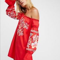 Free People Embroidered Dress Color Red Size L With Puff Sleeve, All Embroidered Look Amazing! Dress It Up Or Down With Heel , Flats , Sandals And Necklace. Embroidered Mini Dress For Fall, Red Embroidered Long Sleeve Dress, Embroidered Long Sleeve Mini Dress For Summer, Long Sleeve Embroidered Mini Dress For Brunch, Red Long Sleeve Embroidered Fitted Dress, Off-shoulder Embroidered Spring Dress, Fall Cotton Embroidered Dress, Long Sleeve Embroidered Mini Dress For Fall, Red Long Sleeve Folk Embroidered Dress