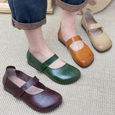 Comfortable, One of Kind. Flats online shop,|Cowhide/Calf|Rubber|Flat|Round Toe|Hook and Loop|Female|Pigskin|2cm|Dark Green|Dark Coffee|Reddish Orange|Apricot|35|36|37|38|39|40|Summer Womens Wide Shoes, Leather Mary Jane Flats, Zapatos Mary Jane, Shoes Hack, Fashion Shoes Flats, Flats Online, Dark Coffee, Wide Shoes, Barefoot Shoes