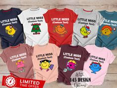 Introducing the charming and adorable Little Miss Characters Personalized Shirt! This delightful shirt showcases the beloved characters from the popular children's book series, Little Miss. Whether you're looking for a gift for a kindergarten teacher, a doting mom, your little one, or any special girl in your life, this shirt is sure to bring joy and smiles. What makes this shirt truly special is the personalization option. You have the freedom to customize the shirt with a name or message of your choice, making it a truly one-of-a-kind gift. Whether you choose to include the recipient's name, a heartfelt message, or a playful phrase, the personalization adds a thoughtful touch that will be cherished for years to come. Don't miss the chance to make someone's day with this enchanting and pe Multicolor Cartoon Print Cotton Shirt, Multicolor Cotton Shirt With Cartoon Print, Customizable Fun Multicolor T-shirt, Character Cotton T-shirt With Crew Neck, Character Crew Neck Cotton Top, Character Style Short Sleeve T-shirt With Cartoon Print, Character Crew Neck Cotton T-shirt, Character Style Cotton Short Sleeve Tops, Character Cotton T-shirt Crew Neck