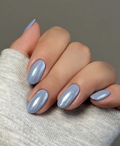 Dusty Blue Almond Nails, Sky Blue Acrylics, Neutral Blue Nails, Blue Glazed Nails, Dusty Blue Nails Acrylic, Nail Inspo Solid Color, Dusty Blue Nails, Sns Dipping Powder Nails, Manicure Short