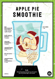 an apple pie smoothie recipe in a blender with ingredients labeled on the side