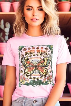 Spread good vibes with our Butterfly Graphic Tee! Made with high quality materials and a stylish design, this tee will make a statement wherever you go. The butterfly graphic adds a touch of beauty and positivity to your wardrobe. Feel good and look good with our Good Vibes Graphic Tee! Unisex Crew Neck Short Sleeve .High Quality Direct To Film Printed Graphic Design.100%COTTON,HEATHER(52%COTTON,48%POLY),ATH.HEATHER,BLACK HEATHER(90%COTTON,10%POLY) Spring Festival Casual T-shirt, Cool Spring T-shirt With Text Print, Cool Letter Print T-shirt For Spring, Cool Summer T-shirt With Screen Print, Summer Graphic Tee With Butterfly Print, Cool Summer Slogan Tops, Cool Screen Print Tops For Spring, Cool Spring Tops With Screen Print, Trendy Pink T-shirt With Front Print