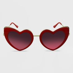 Heart sunglasses with red frame and pink lenses complement your casual and dressy outfits. UV protection helps keep your eyes protected from harmful sun rays, and hinged temples offer convenient folding and storage. If you’re not satisfied with any Target Owned Brand item, return it within one year with a receipt for an exchange or a refund. Gender: female. Age Group: adult. Trendy Heart-shaped Sunglasses For Valentine's Day, Fun Red Heart-shaped Sunglasses, Chic Heart-shaped Sunglasses For Summer, Trendy Heart-shaped Sunglasses For Spring, Trendy Red Aviator Sunglasses With Gradient Lenses, Trendy Heart Shaped Tinted Sunglasses, Trendy Heart-shaped Tinted Sunglasses, Trendy Heart-shaped Sunglasses With Uv Protection, Adjustable Heart Shaped Sunglasses For Summer